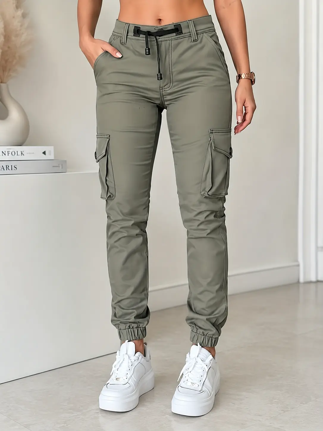 Women’s high-waisted cargo jogger pants with drawstring, multi-pocket tapered utility pants for casual, travel, and outdoor wear
