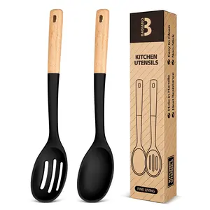 Silicone Cooking Spoons, Great for Scooping Sides and Serving Hearty Stews, BPA-Free Matte Silicone, Wooden Handle Serving Spoon for Nonstick Cooking Surfaces