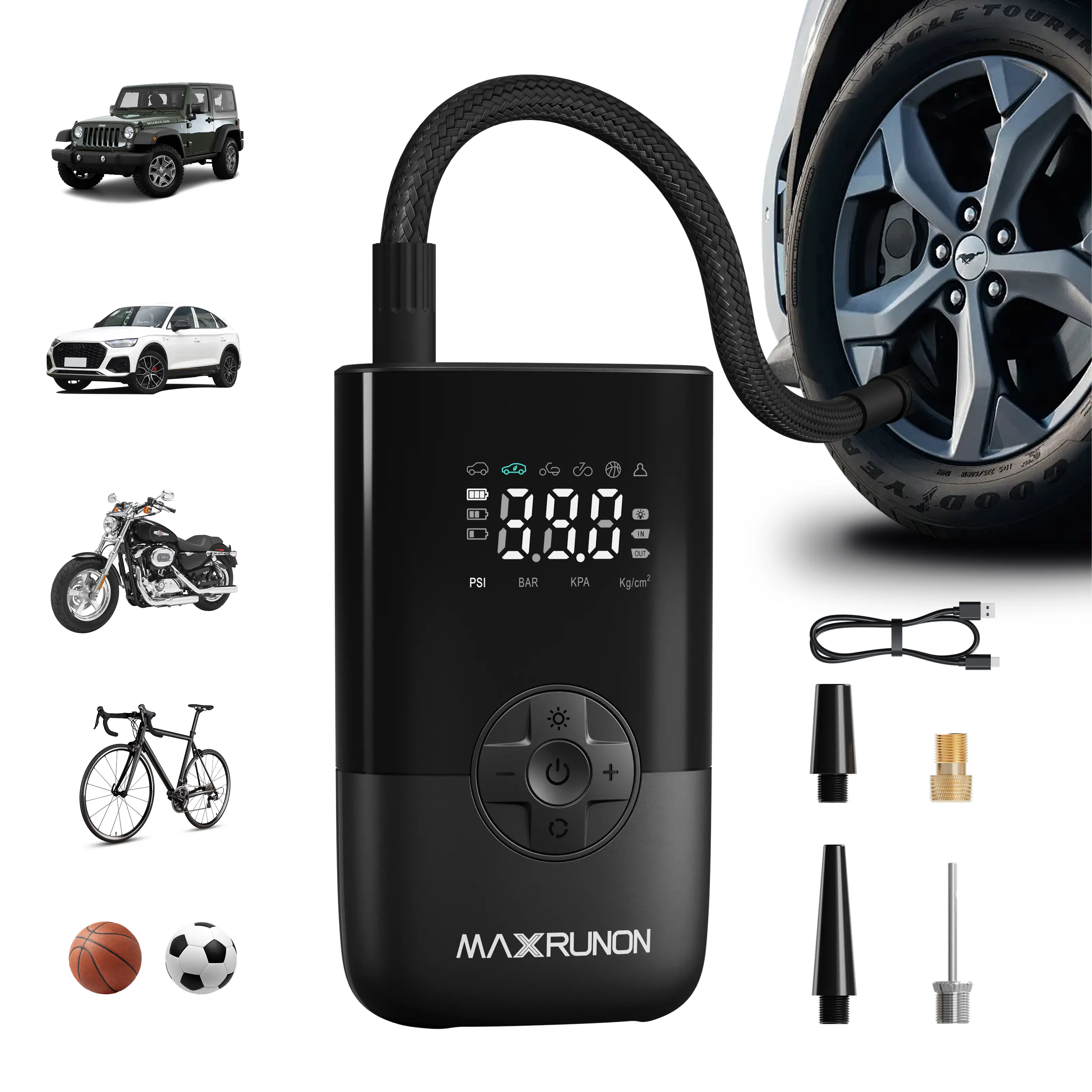 MAXRUNON M20 Handheld Cordless Tire Inflator, 150PSI Portable Rechargeable Air Pump with Auto-Stop Function, LED Emergency Light for Car, Motorcycle