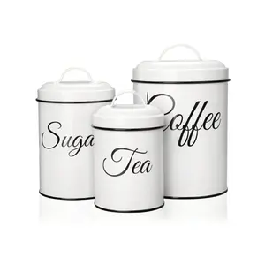 Kitchen Canisters Food Storage Jar, 3 Piece Set, Country Rustic Farmhouse Canisters Sets For The Kitchen Counter, White Containers Utensils Round Tin
