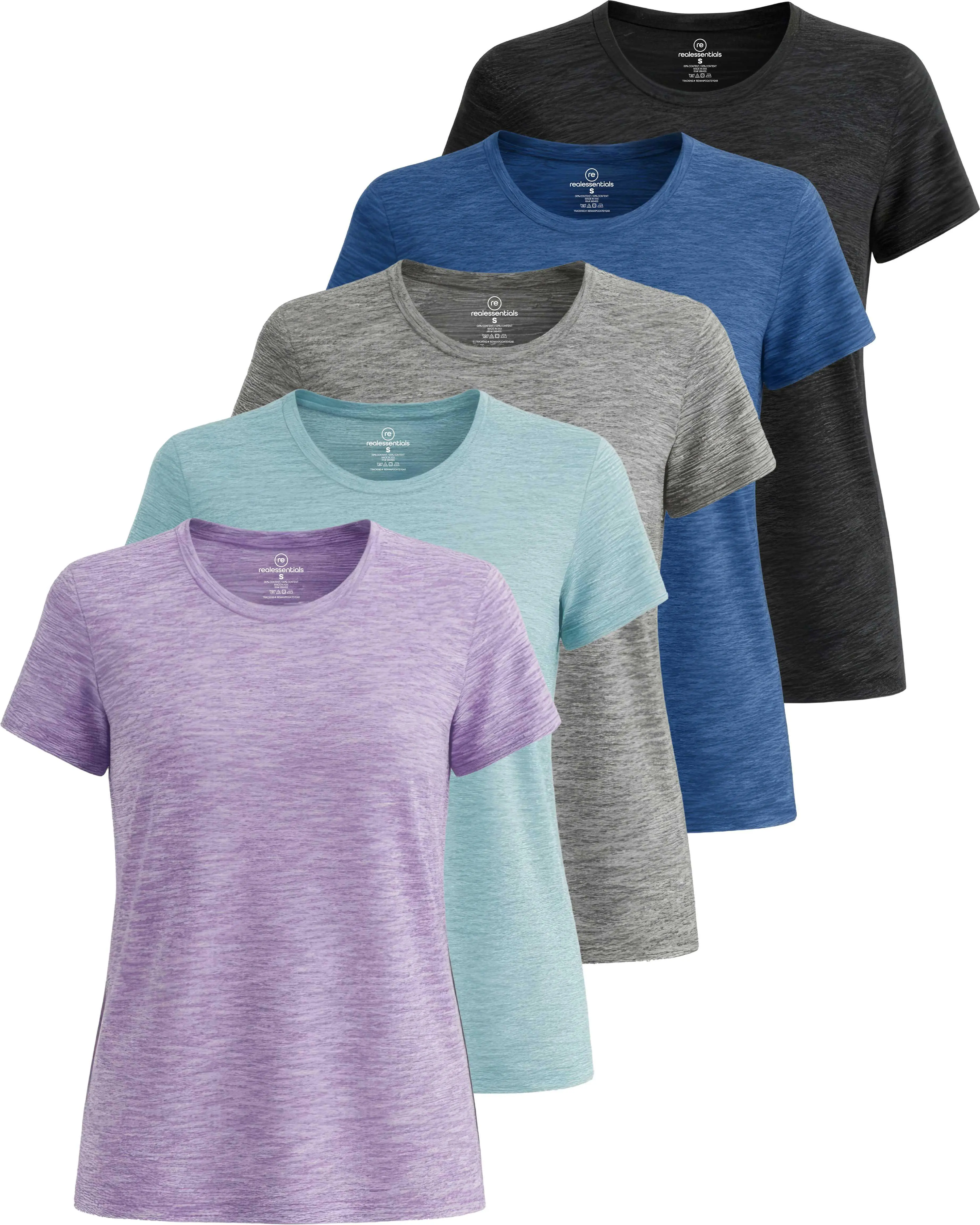 Real Essentials 5 Pack: Women's Short Sleeve T-Shirts Workout Tops Fitness Pilates Gym  Activewear Athletic (Plus Available)