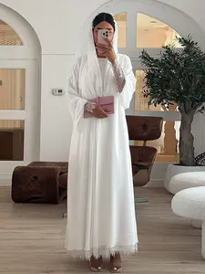 Lace Patchwork Loose Fit Abaya Outerwear with Headscarf, Elegant Long Cardigan for All Seasons, Middle Eastern Luxurious Women's Clothing