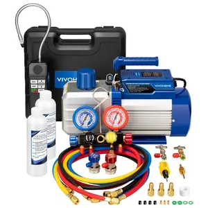 VIVOHOME 1.5 HP 14.4 CFM 2 Stage HVAC Vacuum Pump and 4 Way AC Manifold Gauge Set Kit with Leak Detector 5ft Hoses for R134a R12 R22 R502 R410a Automotive Air Conditioning Refrigeration Recharging