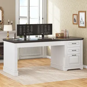 SIKAIC 55" Executive Desk with Power Outlet & 3 Drawers, White Modern Office Computer Desk for Home Office