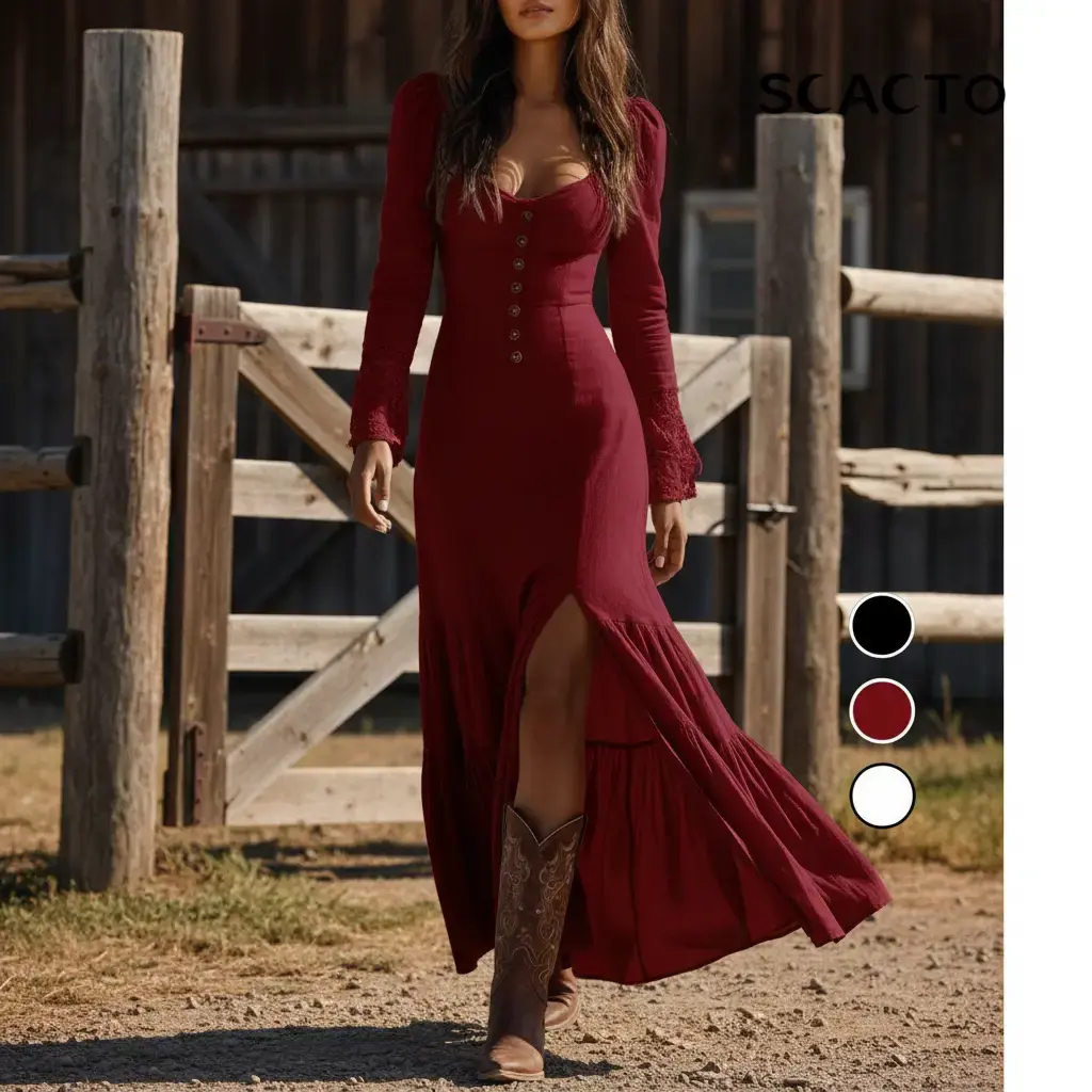 Women's Vintage Western Ruffle Maxi Dress with Lace Trim & Center Slit - Long Sleeve Cowgirl Style for Spring Fall