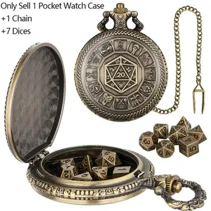 Vintage Central D20 Dice Pattern Round Durable Pocket Watch Case with Pendant Chain, Includes 7 Mini Metal Polyhedral Dice, Tabletop RPG Accessories, Entertainment Board Game