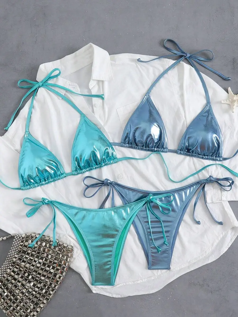 Female Swim 26SS 4-Piece Laser Blue Gradient Bikini Swimsuit, Halter Neck, High Waist, Removable Pads, Sports & Outdoor Beach Wear
