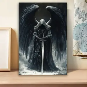 High-Detail Gothic Angel Warrior Art Print, Dark Fantasy Sword Figure with "Time Is Money" Quote, Black Gold Ink Splash Abstract Newspaper Mural, Artistic Frameless Home Decor Decoration for Home, Office