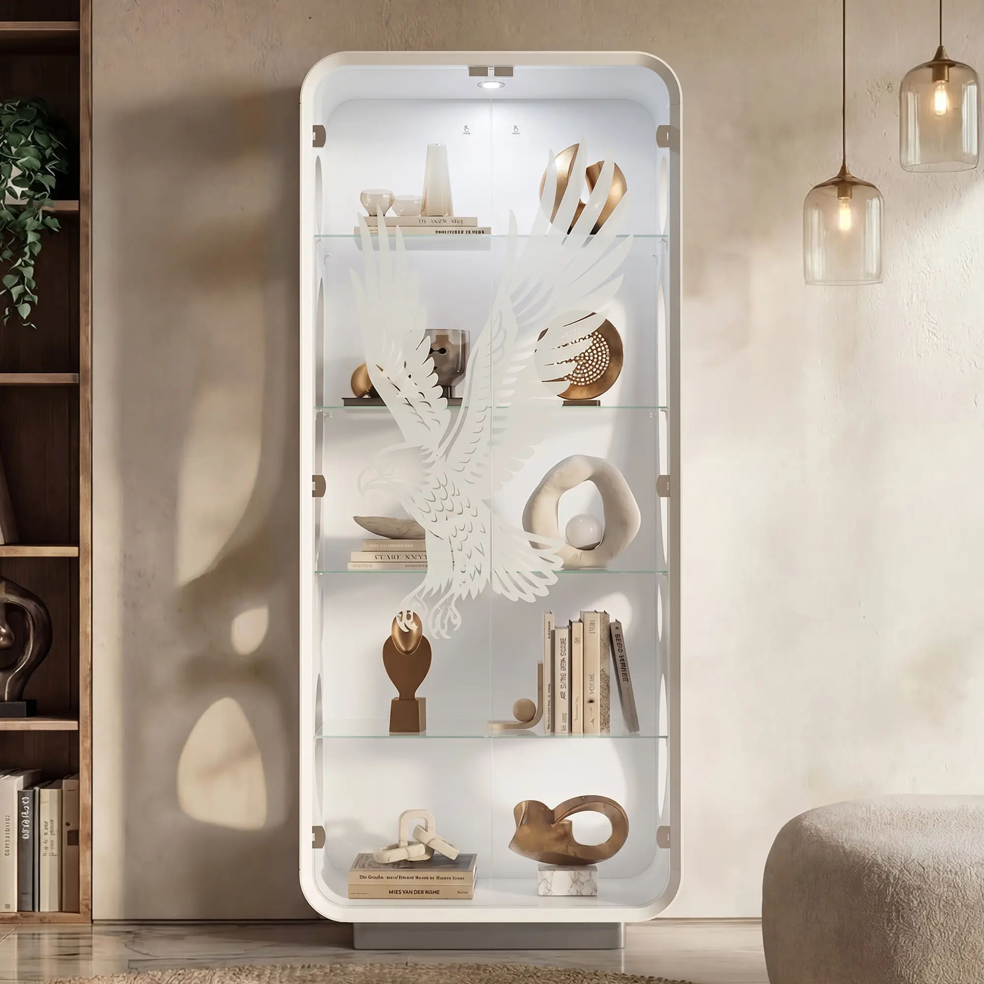 FUFU&GAGA 74 in Tall Rectangle Tempered Glass Display Cabinet, White Push-To-Open Soft Close Curio Cabinet with Eagle Frosted Doors, COB Spotlight & 4 Adjustable Glass Shelves for Living Room Collectibles Decor
