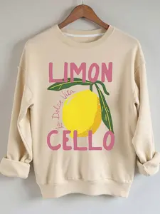 Women's Lemon Letter Print Round Neck Sweatshirt, Thick and Loose-Fitting Casual Long Sleeve Top for Fall & Winter, Cozy Homewear for Daily Use