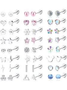 24 Pairs Hypoallergenic Stud Earrings for Women Girls Surgical Steel Flat Back Earrings Cartilage Stud Cute Tiny CZ Heart Star Ball Flower Earrings Set 20G Trendy Fashionable Accessories