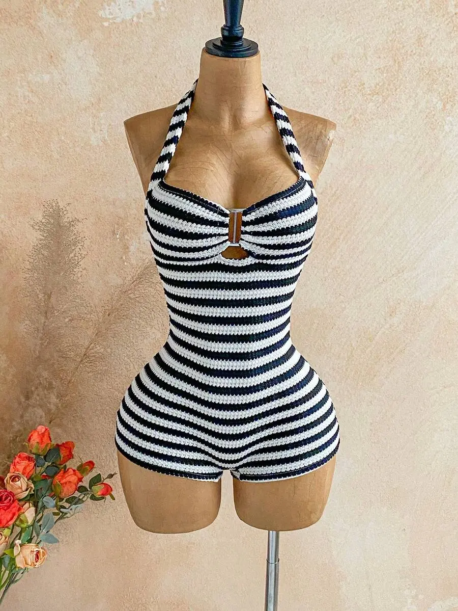 Lumina x Soleia Summer Outfit For Women Party Outfit Women's Summer Vacation Striped Ring Detail Halter Jumpsuit