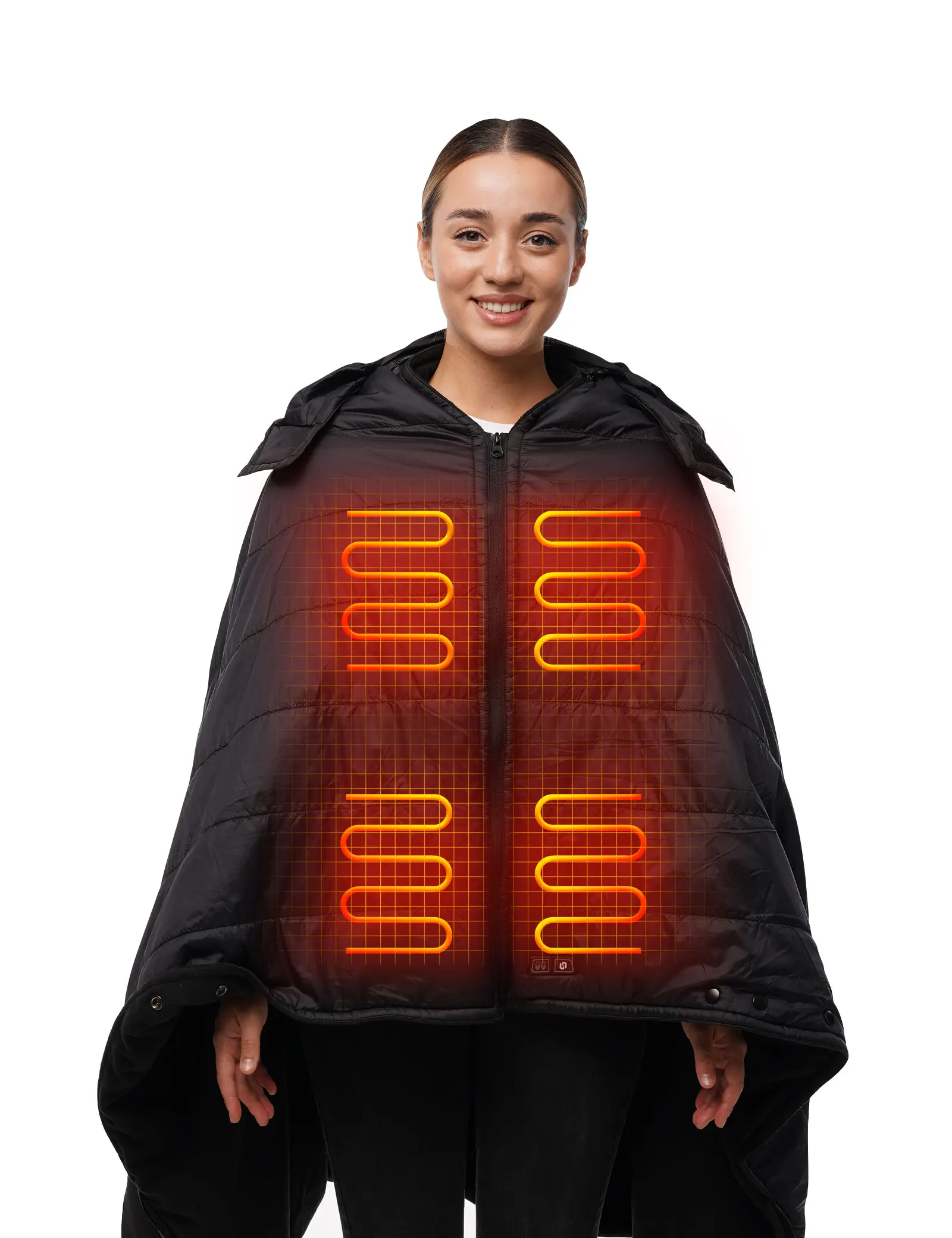 HENNCHEE Heated Blanket for Women, 42x70 Inches Waterproof Polyester Poncho for Camping, 5 Heat Zones, Removable Hood & Dual Control, Family, Carbon Fiber, Dual Control Buttons, Overheating Protection
