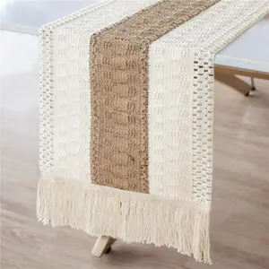 Macrame Table Runner Farmhouse Style, Natural Burlap Boho Table Runner Modern Farmhouse Decor Rustic Woven Cotton Crochet Lace for Bohemian, Rustic,Bridal, Shower Wedding, Dinner,