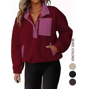 Women's Colorblock Polar Fleece Jacket, Half-Zip Button Pullover Sweatshirt, Casual Winter Warm Sled Dog Coat, Fashionable Outerwear with Pockets