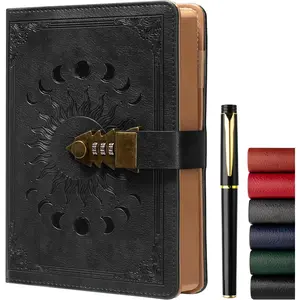 A5 Journal with lock, 120Gsm 224 Pages Lock Diary, Pen Set, Brown Edge, Refillable, Leather Hardcover, Fine Inner Pocket (5.9 x 8.5 inch) - Black
