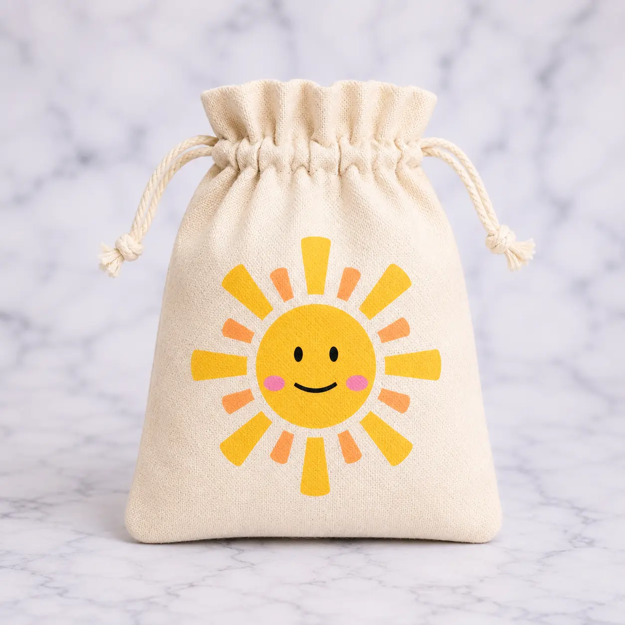 Natural Cotton Drawstring Bag with Smiling Sun Artwork - Lightweight 6x5” Small Pouch for Summer Party Favors, Stickers, Treats & Gifts, Birthday, Great For Gifts, Jewelry, 6"X5"