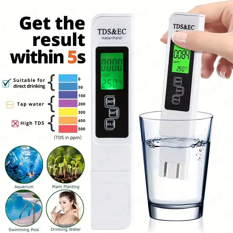 3-in-1 Digital Water Quality Tester - TDS, EC, Thermometer for Drinking Water Purity Testing, Aquarium, Outdoor Pool, Spa, Pool Supplies, Accurate and easy to use, perfect for home or professional testing