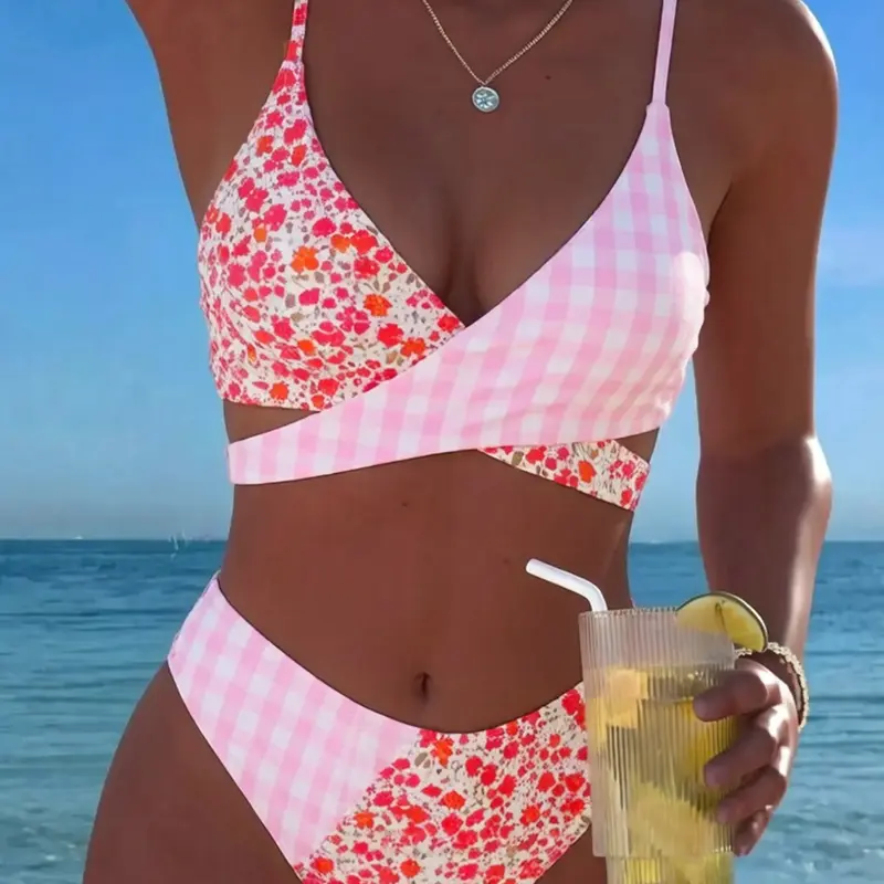 Fashion Patchwork Floral Women's Bikini, Sexy Front Cross Back Cow Horn Straps Split Set Swimsuit, Summer Beach Swimwear, Bikini Swimsuits, Flower Bikini Sets, Bikinis Sets