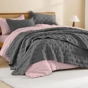 Litanika 3-Piece Bedspread Set - Lightweight Quilt Coverlet w/ Pillowcases | All Season (Dark Grey/Beige/Grayish Blue)
