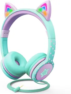 Kids Headphones with LED Cat Ears (85Db Safe Volume Limit), 3.5Mm Soft On-Ear Wired Headphones with Tangle-Free Laced Cables for Ipad/Tablet/School/Travel - Teal/Light Purple