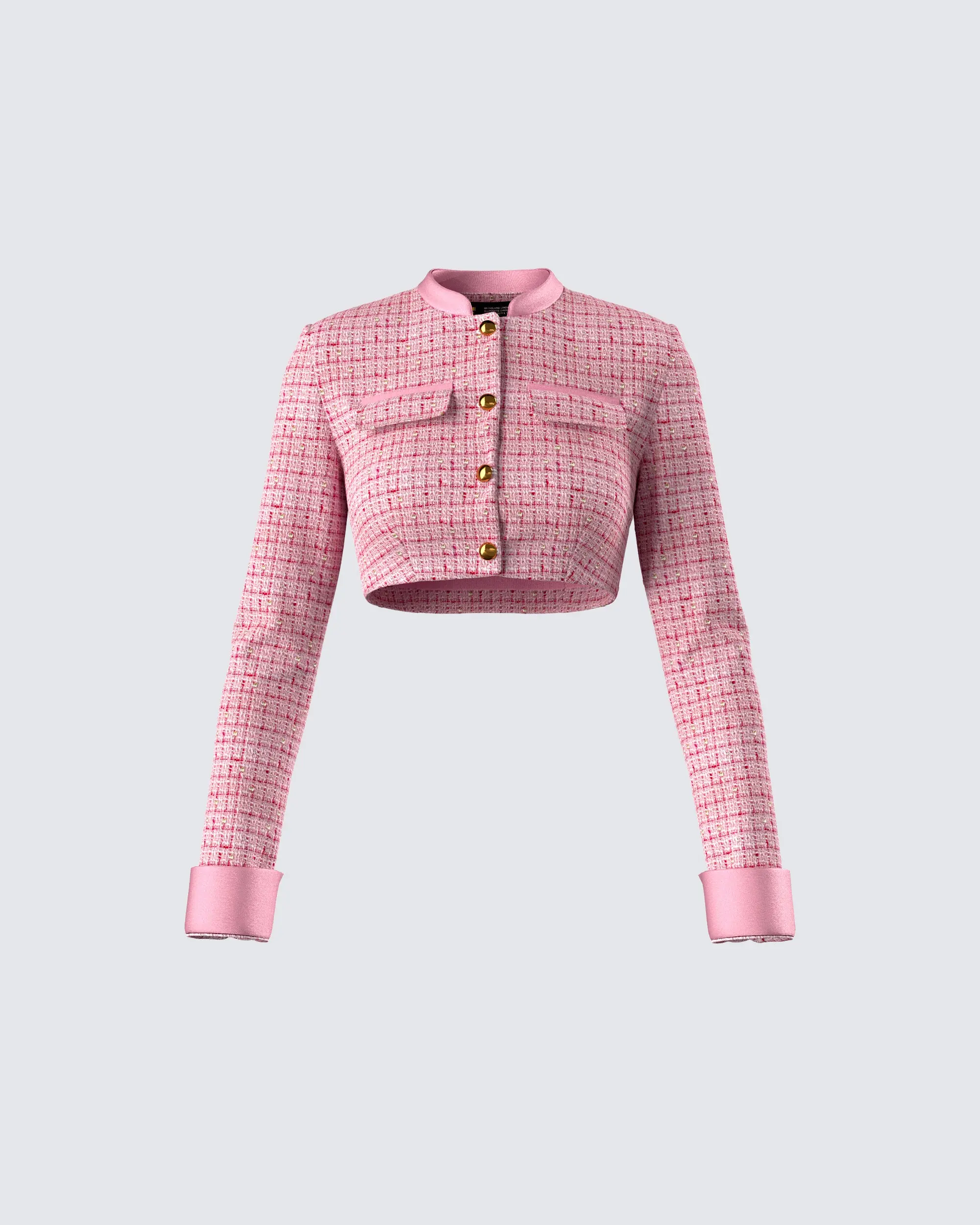 Women's Cropped Tweed Jacket in Pink, Long Sleeve Elevated Casual Polyester Top with Pockets, Tops, Coats, Button, Contrast Cuffs, Fit, Long Sleeves, Gold Button, Button Front, Cropped Fit