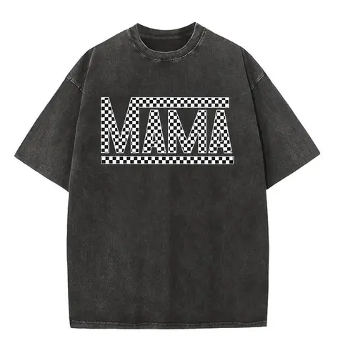 Holafish Printed Acid Washed Shirts Mama Oversized Half Short Sleeves Casual Women Letter Graphic Tee Casual Short Sleeve Tops Summer Everyday Wear