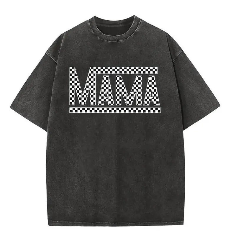 Holafish Printed Acid Washed Shirts Mama Oversized Half Short Sleeves Casual Women Letter Graphic Tee Casual Short Sleeve Tops Summer Everyday Wear