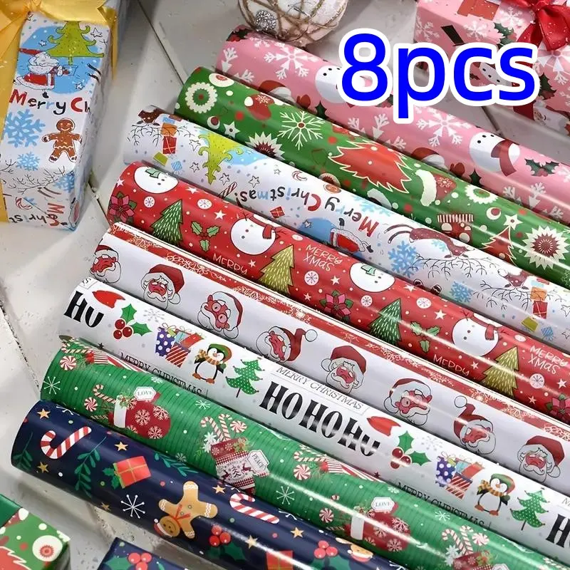 Christmas Gift Wrapping Paper, 8 Counts/set Double Layer Cartoon Package Paper, Gift Wrapping Supplies for Home Party Holiday, Gift Decoration, Cute Wrapping Paper, Creative Gift Packaging