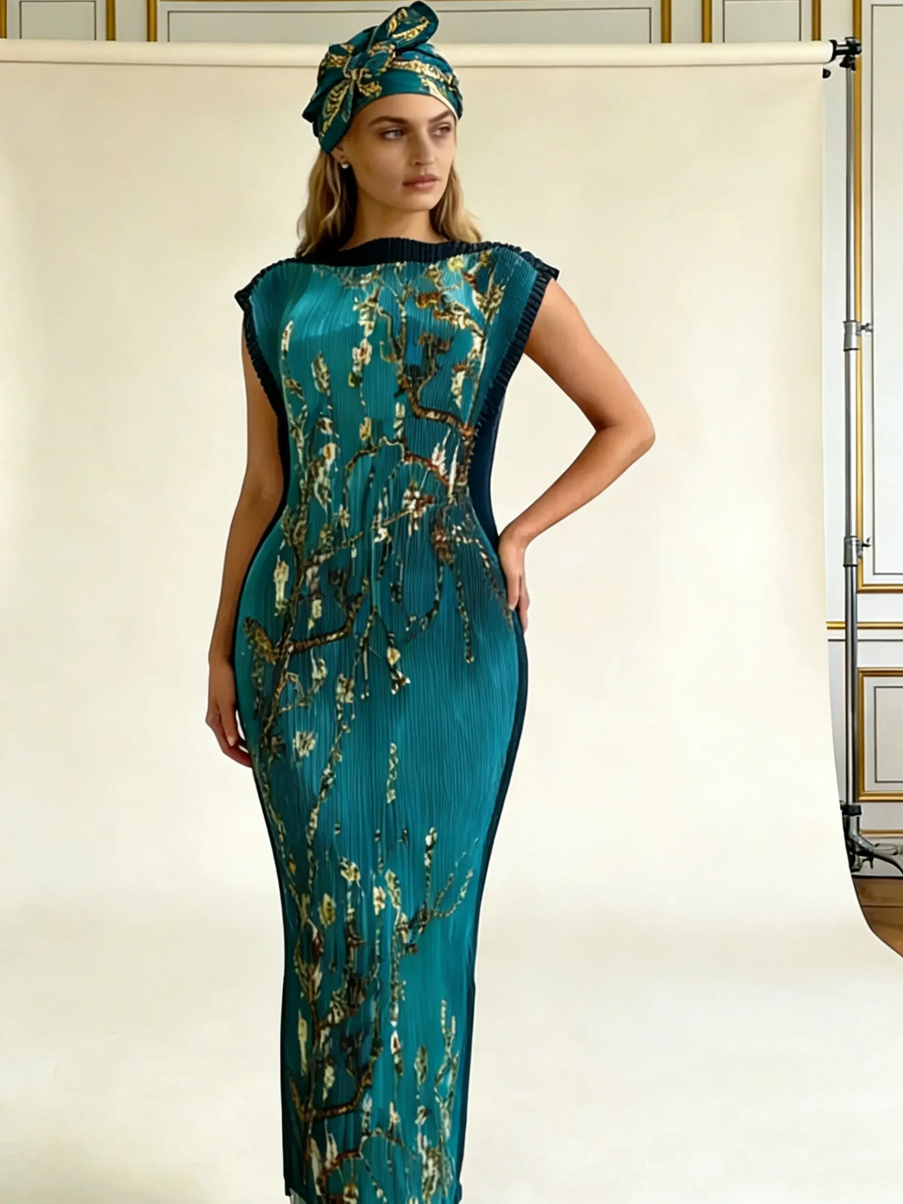 Emerald Green Floral Print Pleated Bodycon Maxi Dress with Matching Headscarf – Sleeveless Glam Evening Formal Set, Viral Party Outfit, Head-to-Toe Statement Look for Weddings, Galas & Special Events – Luxury Fashion Must-Have Elegance