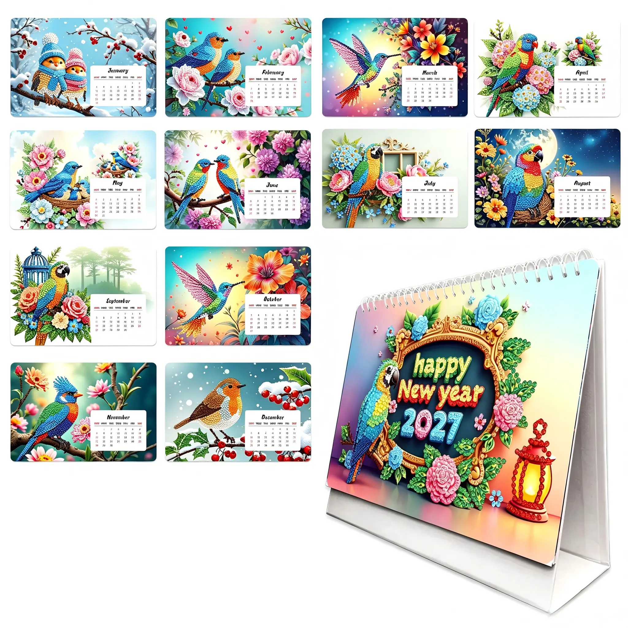 2027 Diamond Painting Desk Calendar, Rhinestone DIY Craft Kit for Toys & Hobbies Needlework, 12 Exquisite Monthly 4-Season Bird & Floral Patterns, Jan-Dec Markable Schedule Area, Thick Durable Cardboard, Christmas Gift, Unique Desktop Decoration
