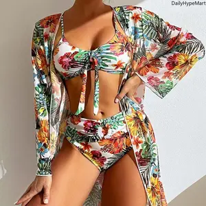 Women's Pink Printed 3-Piece Bikini Swimsuit Set with Matching Sleeveless Tummy Control Cover Up Activewear