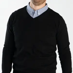 Men’s Classic Black Sweater with Micro Gingham Collared Shirt