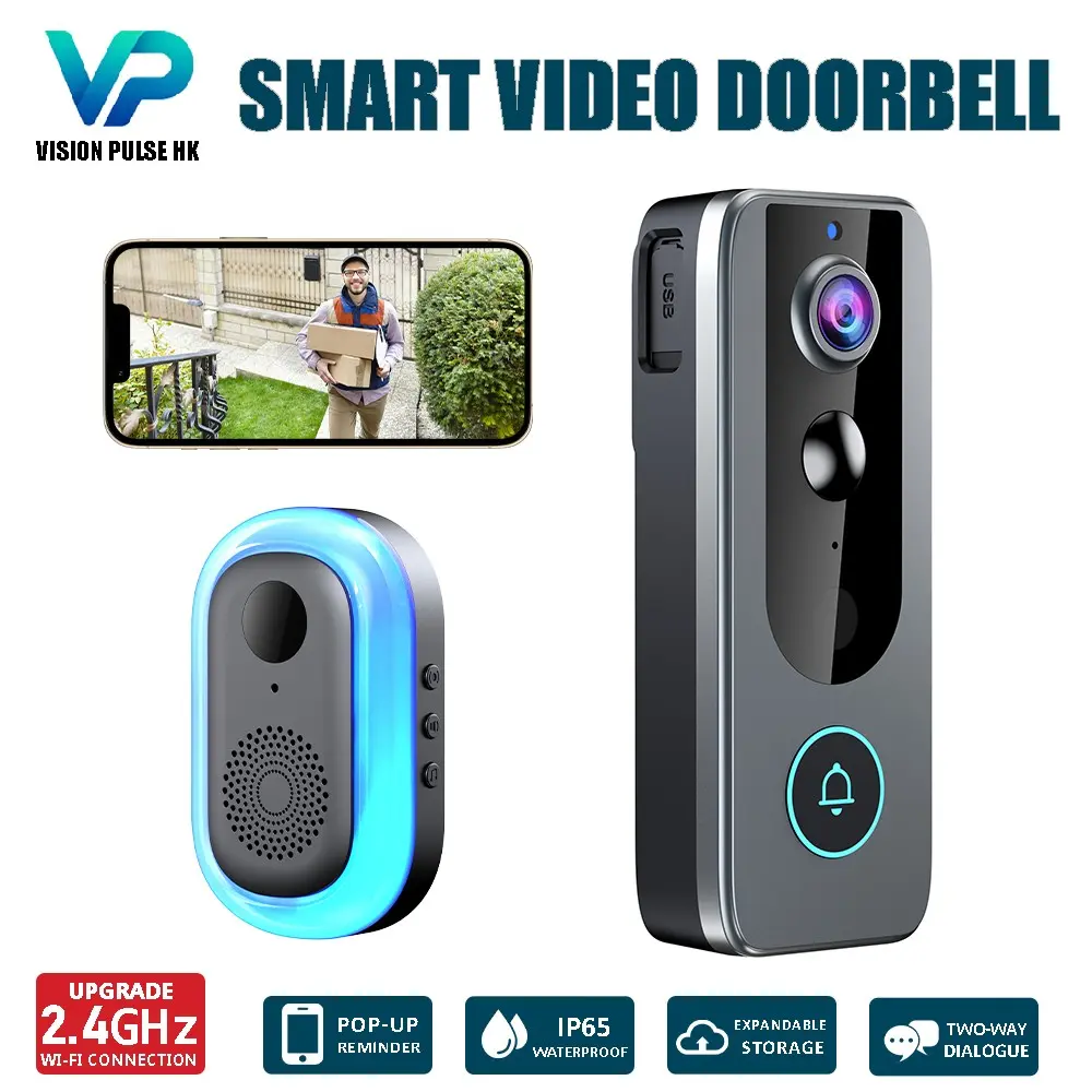 New IP65 Waterproof Wireless WiFi Smart Video Doorbell, Door Bell Cameras Wireless, 4000mAh Rechargeable Battery, 1080P HD Home Security Camera, Instant Phone Pop-up Alert, Two-Way Audio, Visual Intercom, Night Vision, Tuya App Remote Control