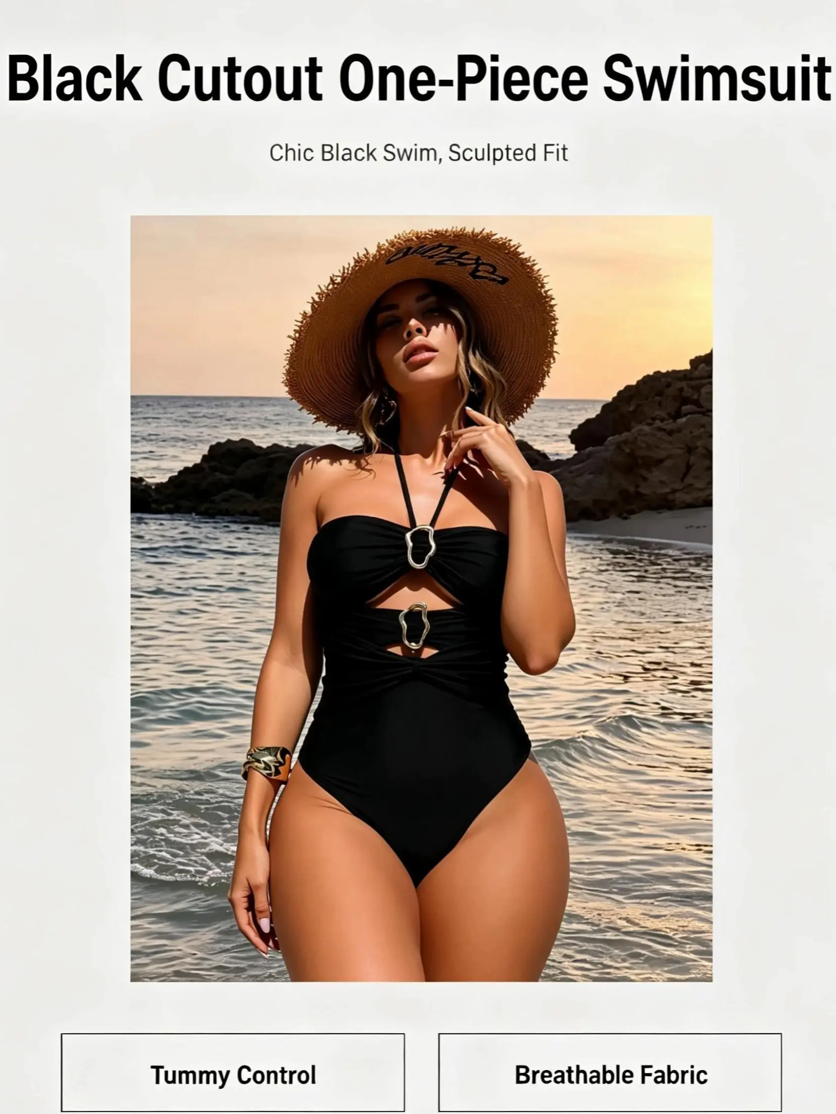 Women's Metallic Gold Cutout Rings Halter Neck 1-Piece Swimsuit - Solid Black, High-Cut Leg Hem, Ruched Tummy Control, High-Elastic Breathable Quick-Dry Fabric, Anti-Deformation, Anti-Fade, Handmade Fit, Body Shaping for Luxury Yacht, Beach Parties