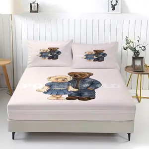 A pair of teddy bear patterned printed bed sheets, including 1 bed sheet and 2 pillowcases, with anti slip dust covers suitable for bedrooms and guest rooms, suitable for personal use or gift giving, Bed Sheet Sets