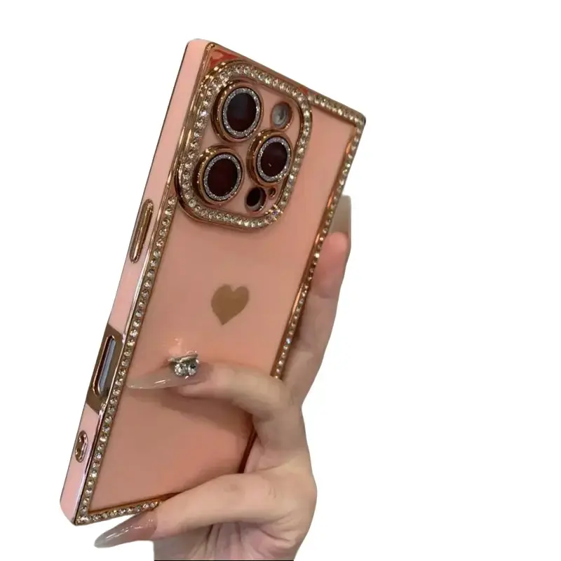 Women's Protective Square TPU Smartphone Case - Heart-Shaped Rhinestone-Encrusted, Shockproof, Custom Multi-Model Cover with Lens & Screen Protectors for iPhone 17 Pro Max,16,15 Pro Max,14,13,12 (Cellphone Accessories)