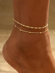 2 Pcs Gold Anklets for Women Waterproof Cuban Link Anklet Beaded Bracelets Stackable Bracelets 14K Gold Plated Custom Jewelry Gifts Non Tarnish Lightweight Cuban Chain Design