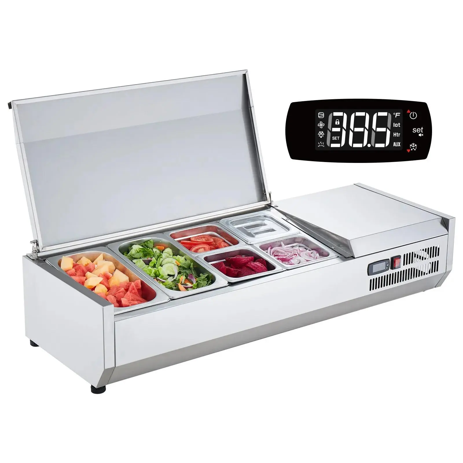 【Summerfinds】VEVOR Refrigerated Condiment Prep Station,  135 W Countertop Refrigerated Condiment Station, with 2 1/3 Pans & 4 1/6 Pans, 304 Stainless Body and PC Lid, Sandwich Prep Table with Stainless Guard, ETL