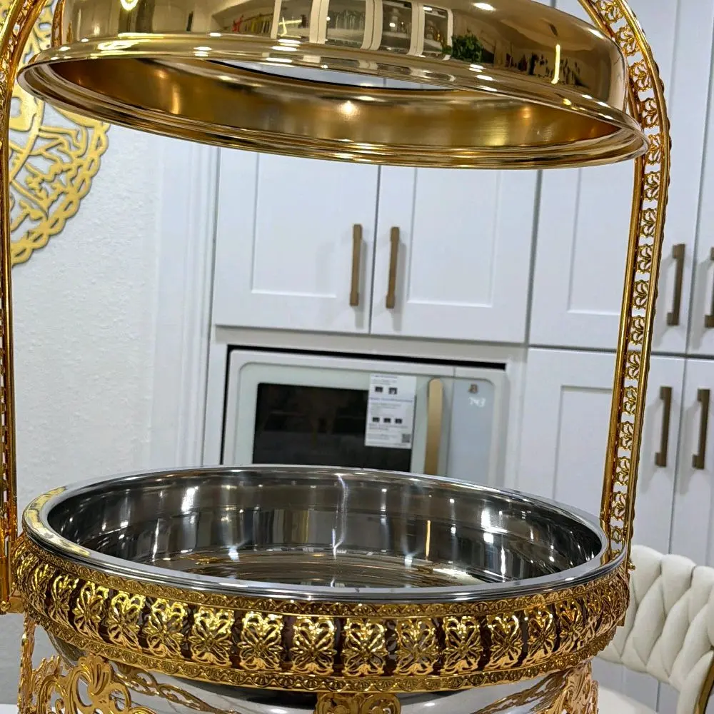 Exquisite 8 Quart Round Gold Chafing Dish with Lid and Stand Elegant Buffet Server for Catering and Special Events Buffet Warmer Chafer