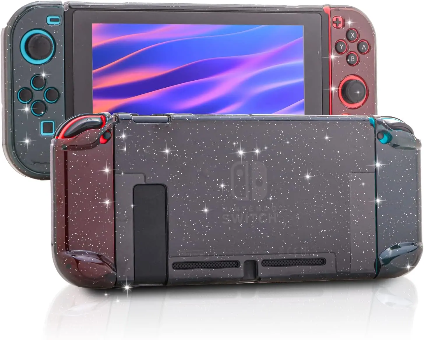 Glitter Case for Nintendo Switch, Protective Case for Nintendo Switch with a Tempered Glass Screen Protector and 6 Joy Stick Covers, Fit into The Dock Station - Black