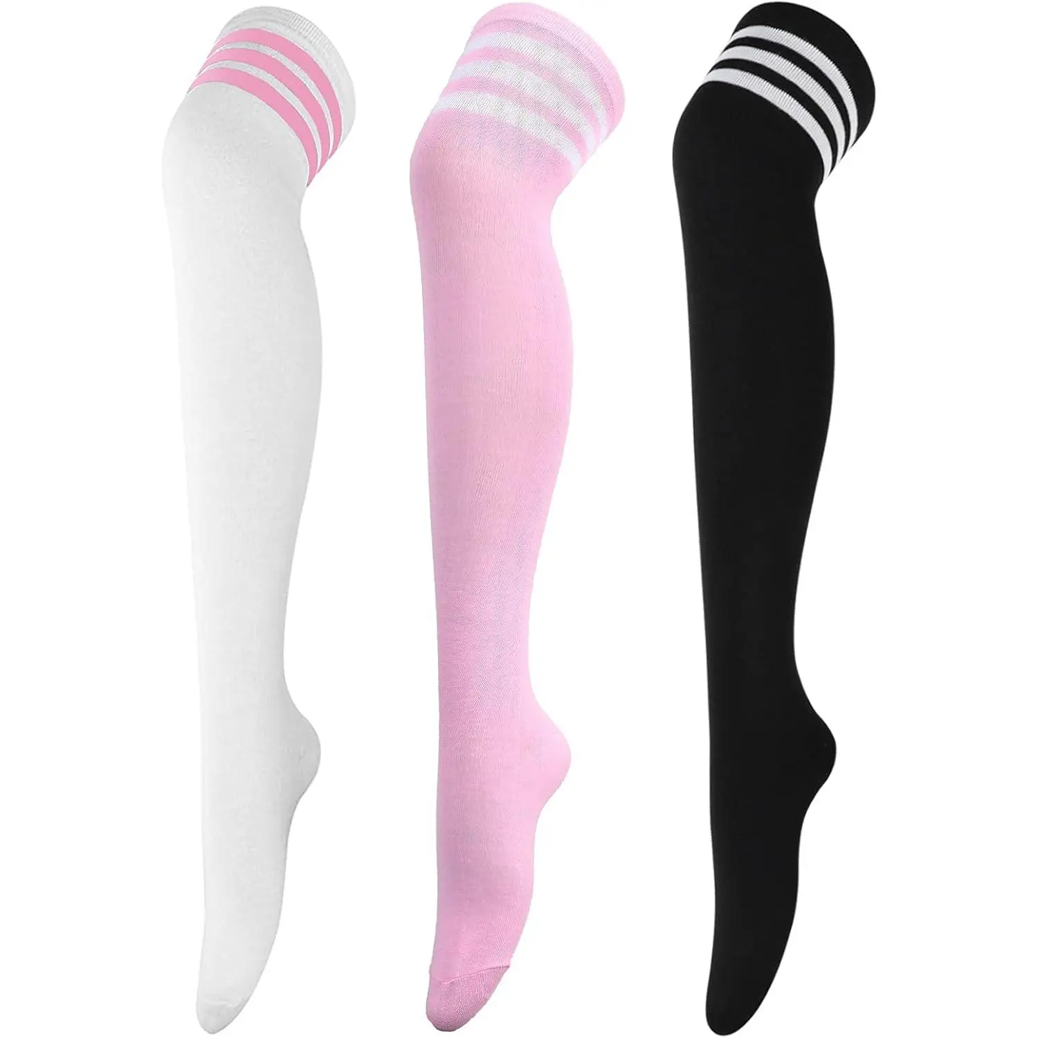 3 Pairs Thigh High Socks Striped Over  Thin Tights Long Stocking  High  Warmer Yifanyou Sports