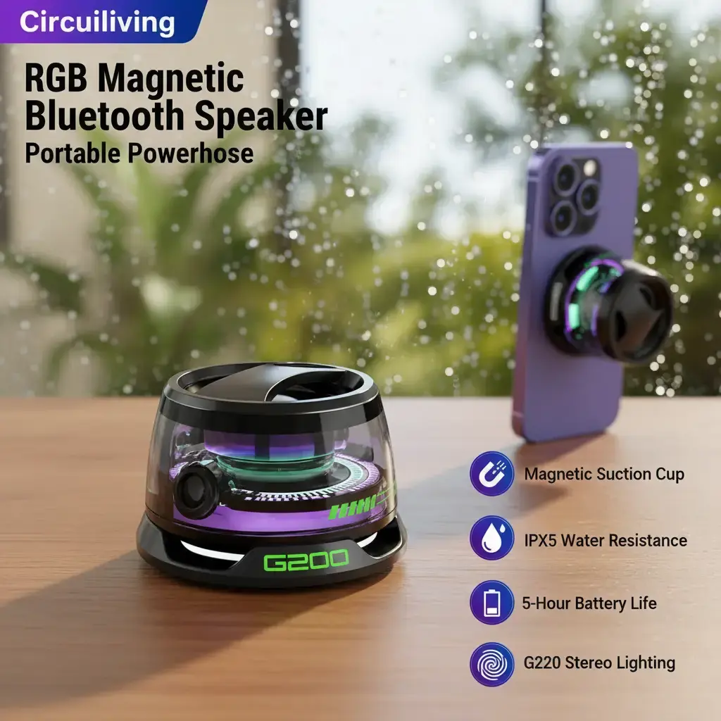 G200 RGB Magnetic Bluetooth Audio Speaker - Portable Waterproof Wireless Speaker with Strong Bass, TWS Stereo Pairing, Phone Stand Design, 5H Playtime for iPhone, Android Devices