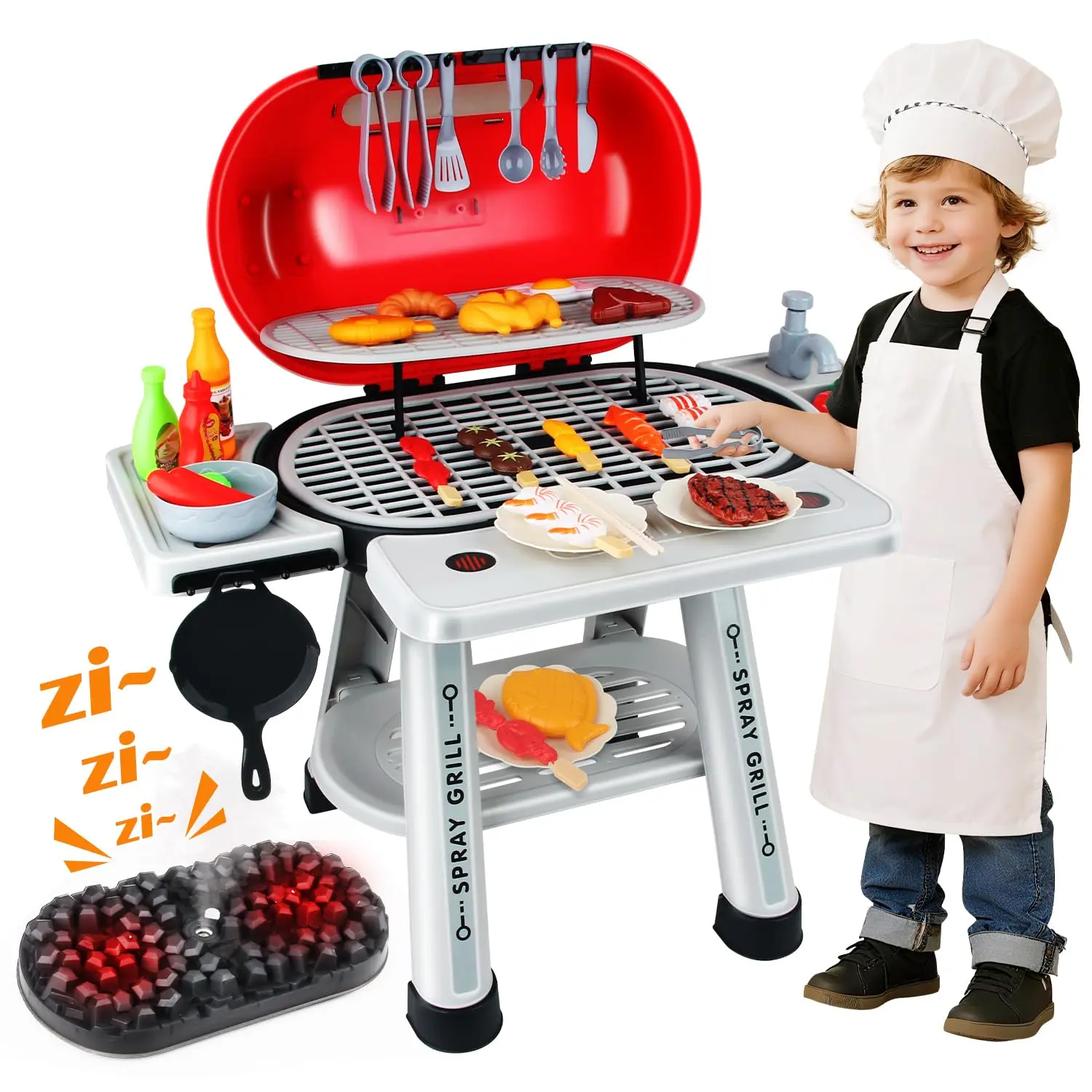 Kids Play Kitchen Toys, BBQ Grill Playset for Kids, Toy Kitchen Accessories, 2-Layer Outdoor/Indoor Barbecue Playset, Christmas Birthday Gift for Girls Boys 3+
