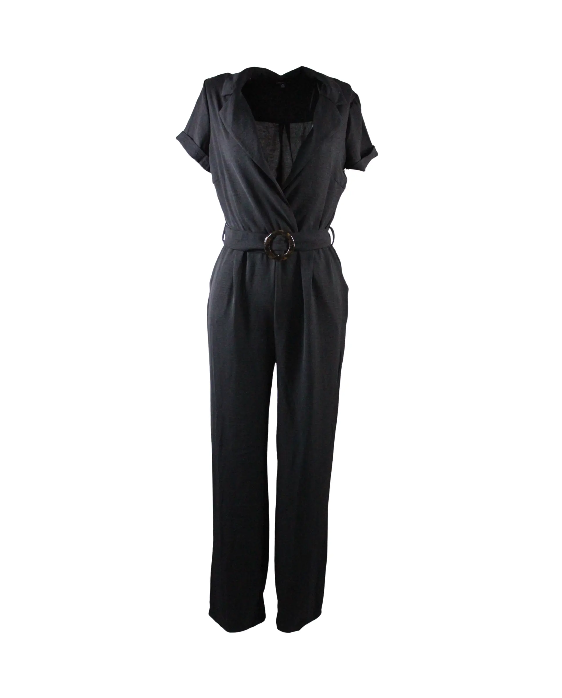 Women Belted Jumpsuit Black Notch Collar