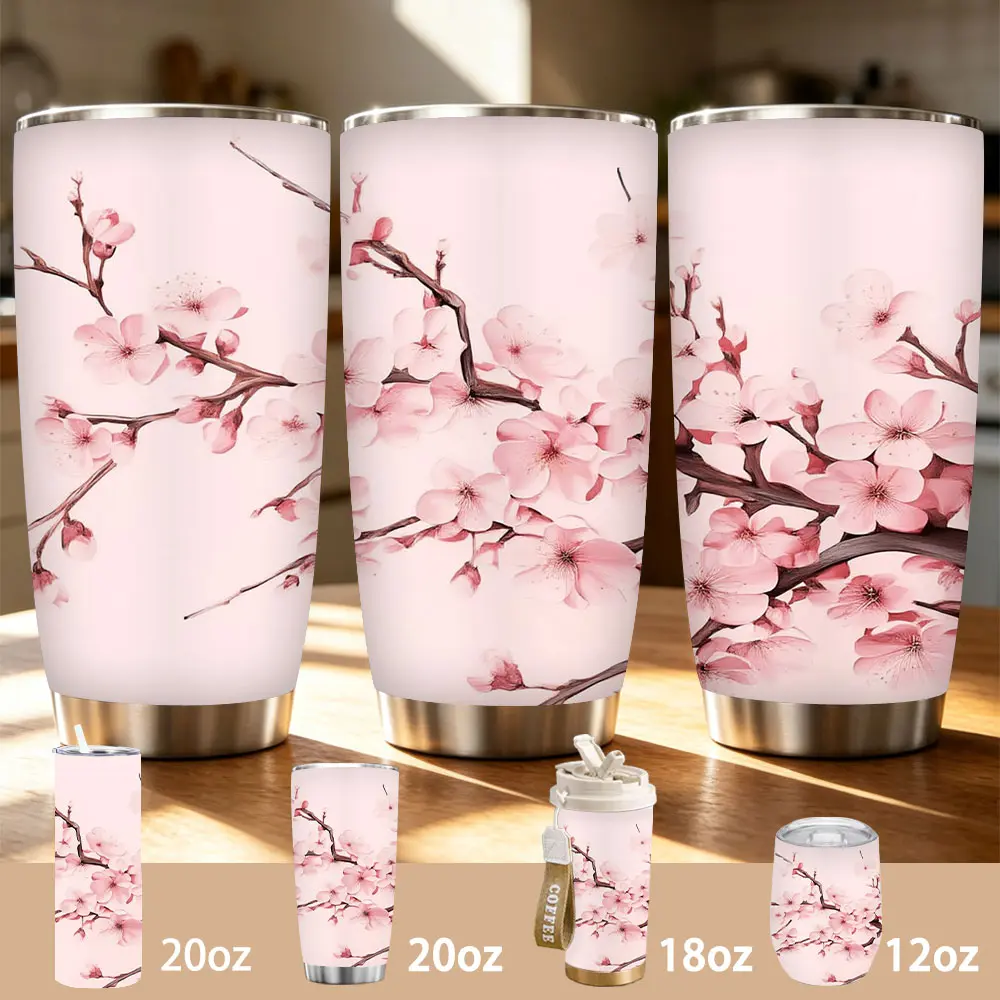Elegant Watercolor Cherry Blossom Tumbler, Delicate Sakura Floral Design, 12/18/20oz Multi-Size Stainless Steel Insulated Cup, Keeps Cold/Hot for Hours, Ideal Gift for Spring & Nature Lovers