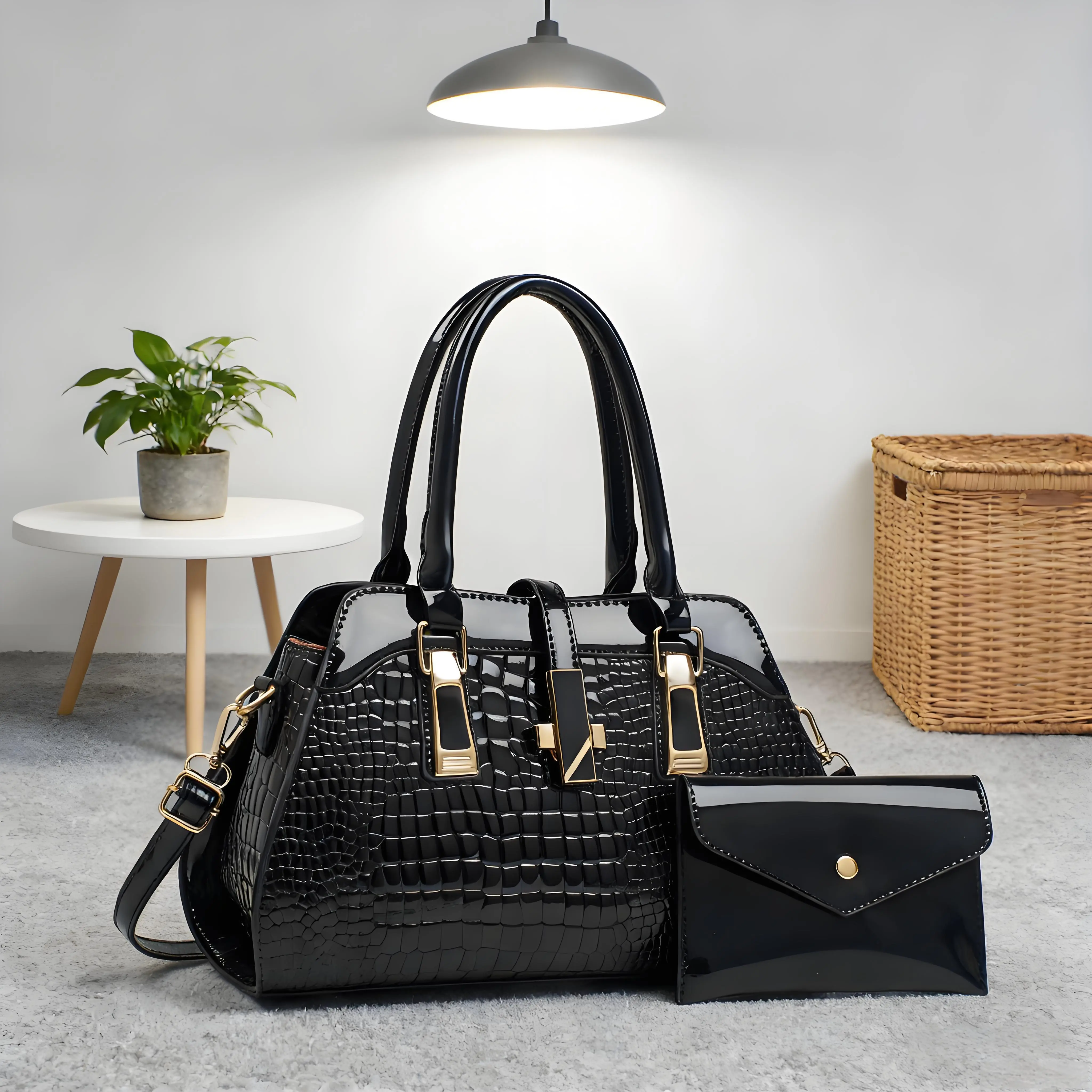 Women's Crocodile Pattern Hand Shoulder Bag, 2026 New Fashion Large Capacity Handbag for Women with Adjustable Strap, Magnetic & Zipper Closure, Wristlet, Edged Painting, Mother-Son Matching Design, Comfy Fit for Work to Weekend, Handbags For Women