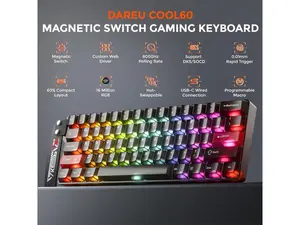 DAREU COOL60 60% Hall Effect Gaming Keyboard with Magnetic Switch, SOCD, 0.01mm Actuation Adjustable Rapid Trigger,8000 Hz Polling, Frosted Transparent Keycaps, Hot-swap, RGB Backlit