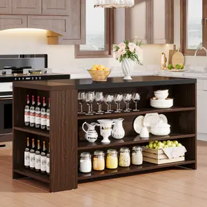 Tribesigns 55" Kitchen Island with Storage, Farmhouse 5-Tier Stationary Island Table with 5 Shelves, Dark Brown Furniture Home
