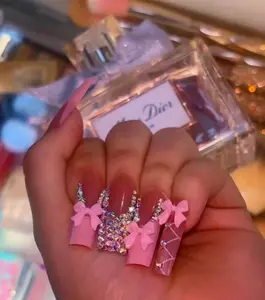 Long Pink Rhinestone Bow Nails- Luxury Nail Set